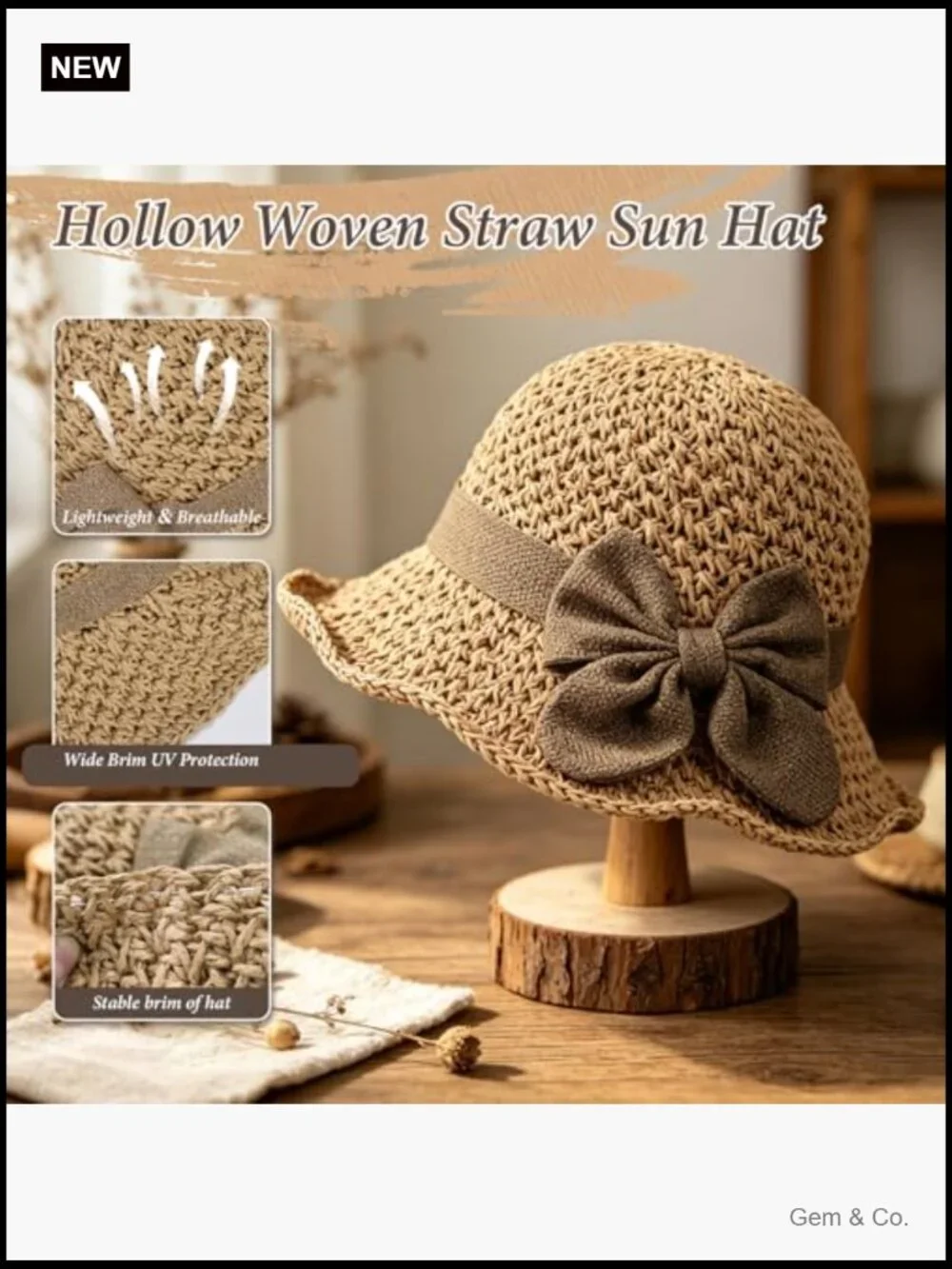 Woven Straw Sun Hat with Ruffled Bow, Foldable Travel Bucket Hat